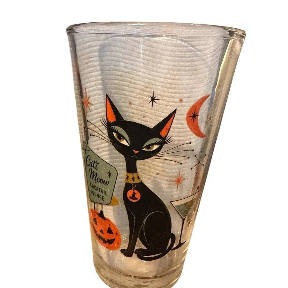 2- 16 oz Retro Halloween Black Cat Cocktail Glass, Heavy Pilsner Beer Glass